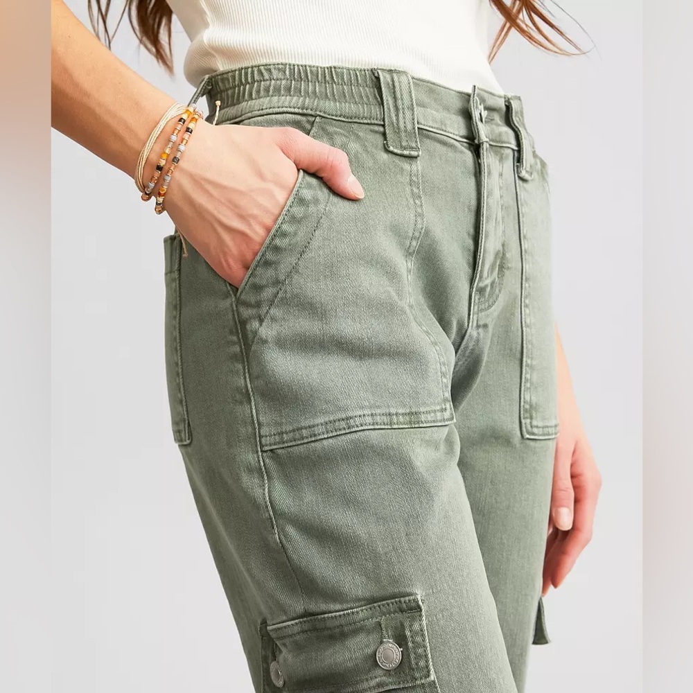 VERVET Buckle Green Stretch Cargo Y2K High Rise Wide Leg Pant Streetwear Size 24 - Picture 3 of 10